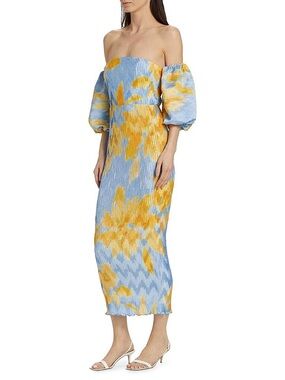 L'IDEE Pleated Off Shoulder Midi Dress Jardin Blue Size 12